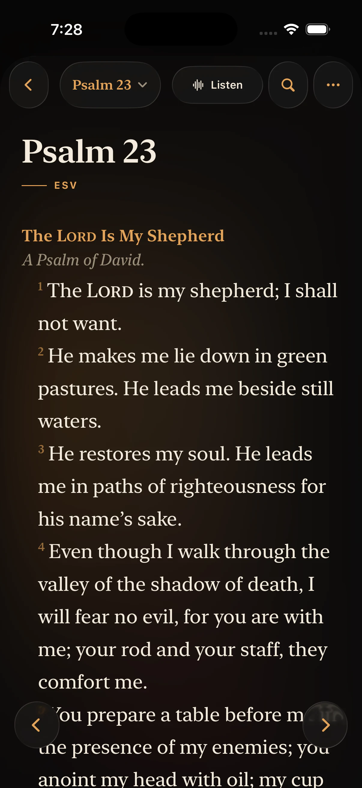Psalm 23 in the reader, set with its section heading and a listen control.
