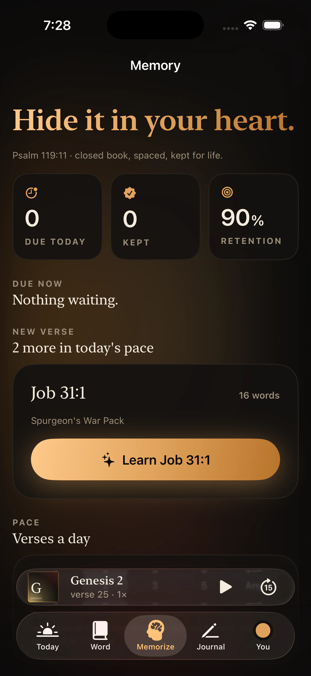 The memory screen with due cards, retention and the next verse to learn.