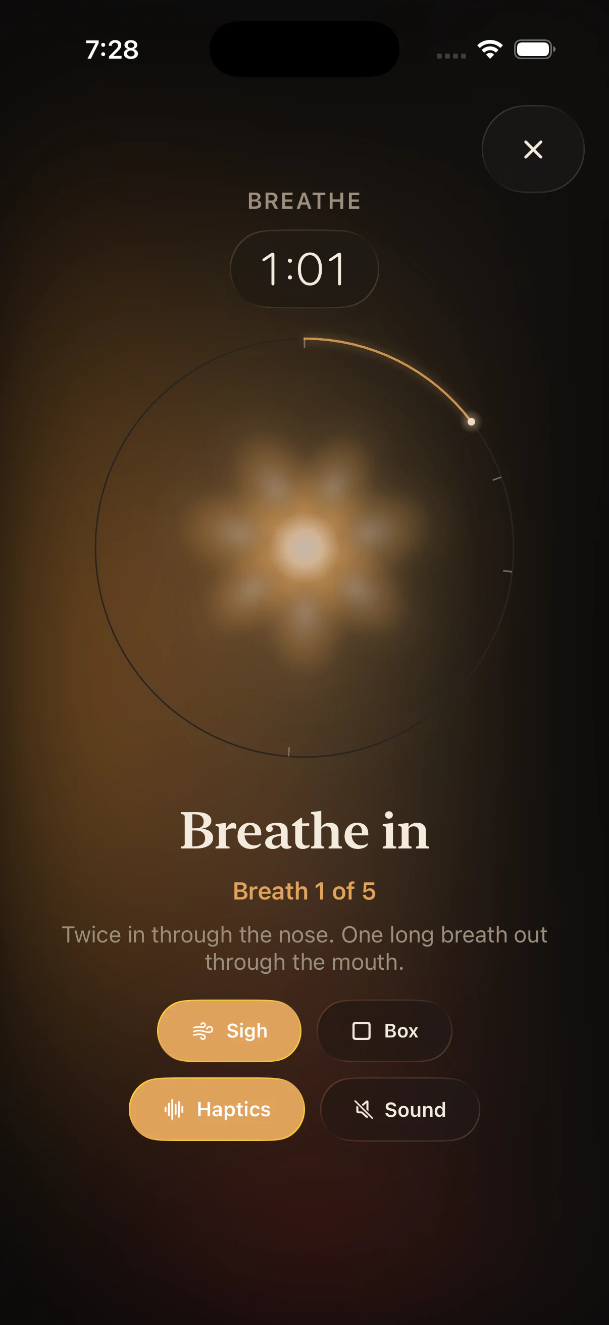 The breathing step of the urge flow, counting a first breath of five.